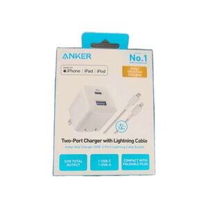 Pp5U Anker 2-Port (1-C, 1-A) 32W Wall Charger w/ Cable for Apple White Used
